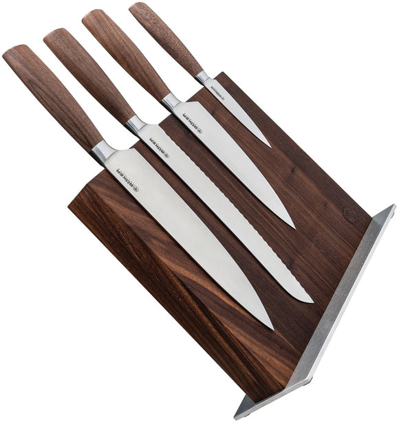 Boker Core Style Walnut Wood X50CrMoV15 Fixed Blade 4pc Kitchen Knife Set w/ Storage Block 130780SET
