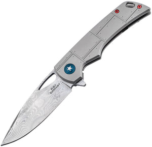 Boker Plus P-51 Framelock Gray Titanium Folding Damascus Pocket Knife P01BO910DAM