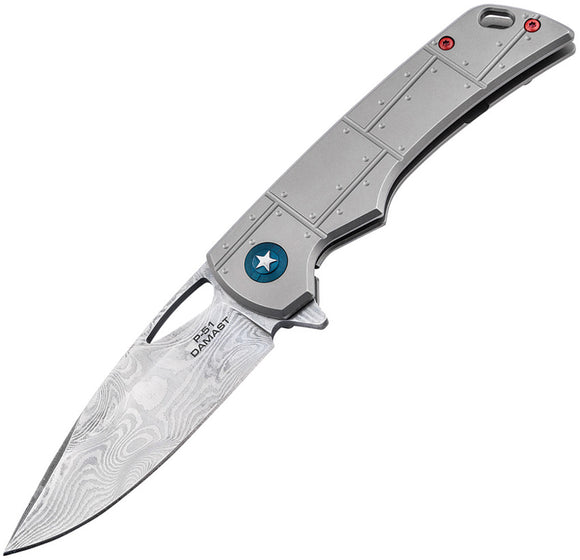 Boker Plus P-51 Framelock Gray Titanium Folding Damascus Pocket Knife P01BO910DAM