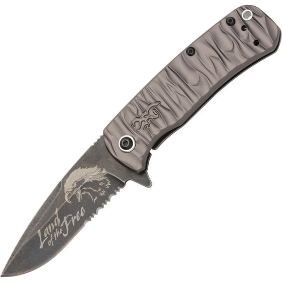 Browning Patriot Framelock A/O Gray & Black Aluminum Folding D2 Serrated Pocket Knife 0486B