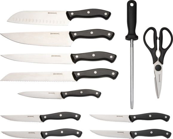 Browning 11pc Black 5Cr13MoV Stainless Fixed Blade Kitchen Knife Set 0536B