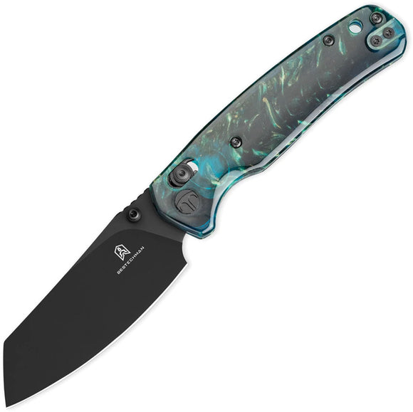 Bestechman Cicada's Wing Crossbar Lock Teal Blue & Black Resin Folding 10Cr15MoV Knife MK06R
