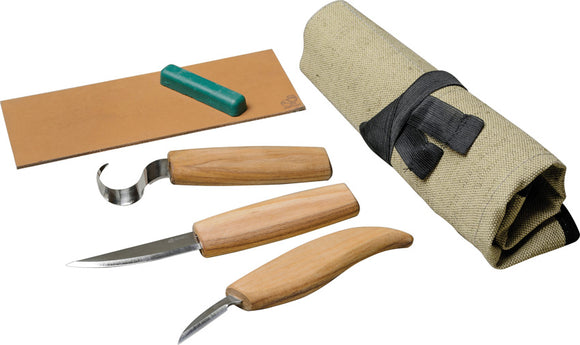 BEAVERCRAFT Extended Spoon Wood Fixed Blade Carving Knife Set w/ Tool Roll RS13