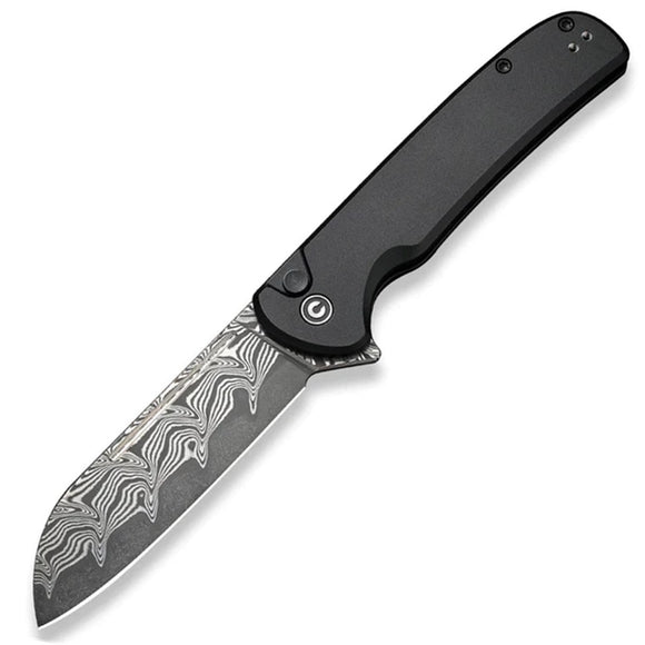 Civivi Chevalier II Button Lock Black Aluminum Folding Damascus Pocket Knife 20022BDS1