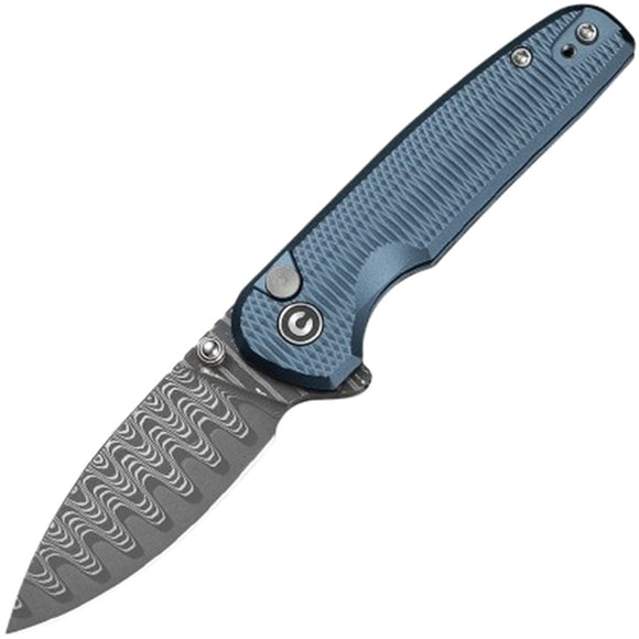 Civivi Mini Shakan Button Lock Blue Aluminum Folding Damascus Pocket Knife 20052FDS1