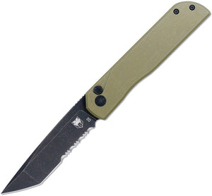 Cobratec Knives Prowler Button Lock OD Green G10 Folding Serrated D2 Steel Tanto Knife PLRODBTS