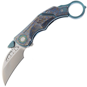 Critical Strike Predator Karambit Blue Camo & Green Titanium Folding M390 Knife PREDATORTGN