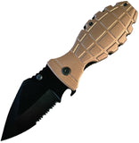 ElitEdge Grenade Linerlock A/O Tan Aluminum Folding Serrated Pocket Knife 10A133DT