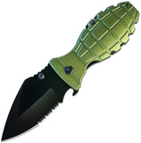 ElitEdge Grenade Linerlock A/O Green Aluminum Folding Serrated Pocket Knife 10A133GN