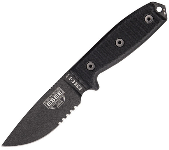ESEE Model 3MIL Black G10 Serrated Edge Fixed Blade Knife w/ Sheath 3MILSBLK