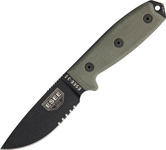 ESEE Model 3MIL Part Serrated Edge Light Green Handle Fixed Blade Knife 3MILSB