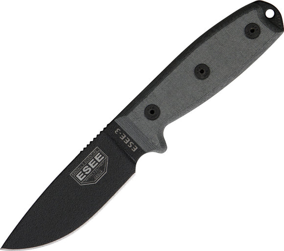 ESEE Model 3 Standard Edge Fixed Blade Super Tuff BLK Knife + Brown Sheath 3PMMB