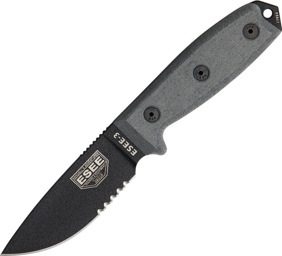 ESEE Model 3 Part Serrated Edge Fixed Blade BLK Knife Mounting 1095 Carbon 3SBMB