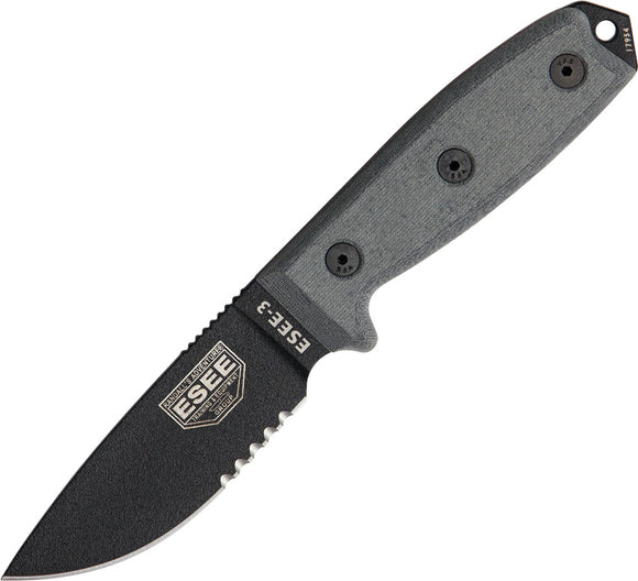ESEE Model 3 Part Serrated Edge Fixed Blade Black Linen Micarta Knife 1095 3SB