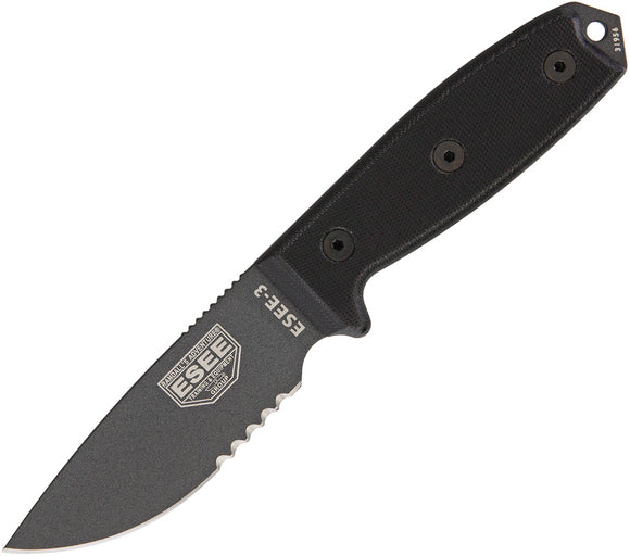 ESEE Model 3 Part Serrated Tactical Fixed Blade Black Knife + Black Sheath 3STGB