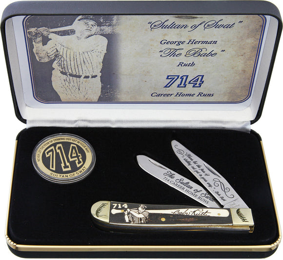 Frost Knives Cutlery Babe Ruth Coin Trapper Natural Bone Pocket Knife SETBABE