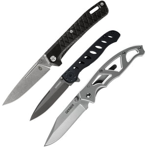 Gerber Folder Black Folding Stainless Steel Pocket Knife Combo 3 Pack 1071485