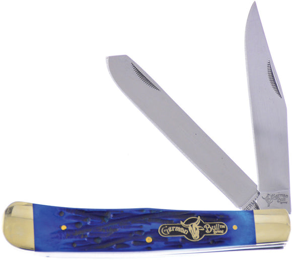 German Bull Trapper Blue Pick Jigged Bone Folding Stainless Pocket Knife 010BLPB