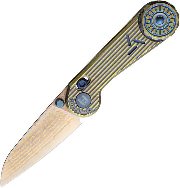 HIGHTRON Edgeplay Axis Lock Gold & Blue Titanium Folding Copper Damascus Knife K001GLD