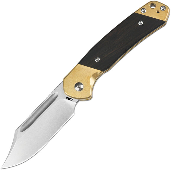 CJRB Pyrite Bowie Slip Joint Wood & Brass Folding AR-RPM9 Pocket Knife 1942SJBRE