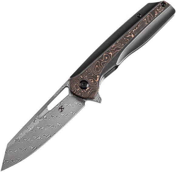Kansept Knives Shard Framelock Titanium & Copper Carbon Fiber Folding Damascus Knife 1006C2
