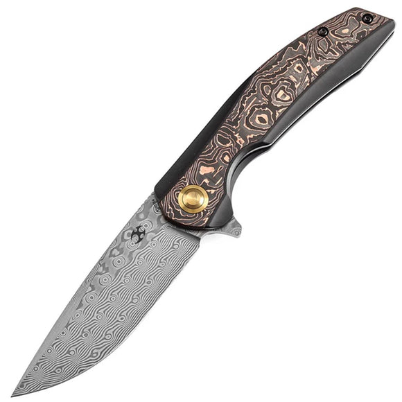 Kansept Knives Accipiter Framelock Titanium & Copper Carbon Fiber Folding Damascus Knife 1007E4
