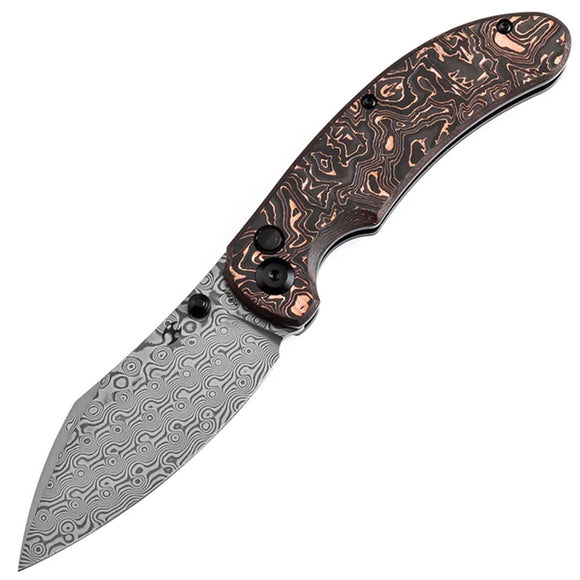 Kansept Knives Nesstreet Button Lock Copper Foil Carbon Fiber Folding Damascus Pocket Knife 1039F7