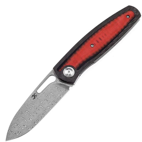 Kansept Knives Mato Linerlock Black & Red G10 & CF Folding Damascus Knife 1050A5