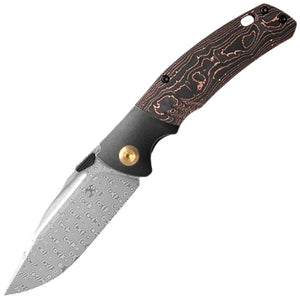 Kansept Knives Hinterland Framelock Titanium & Copper Carbon Fiber Folding Damascus Knife 1057A3