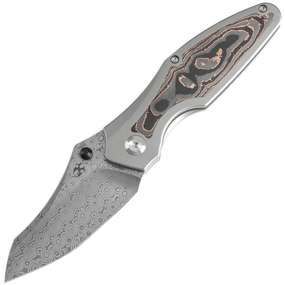 Kansept Knives Baba Yaga Framelock Titanium & Copper Carbon Fiber Folding Damascus Knife 1074C2