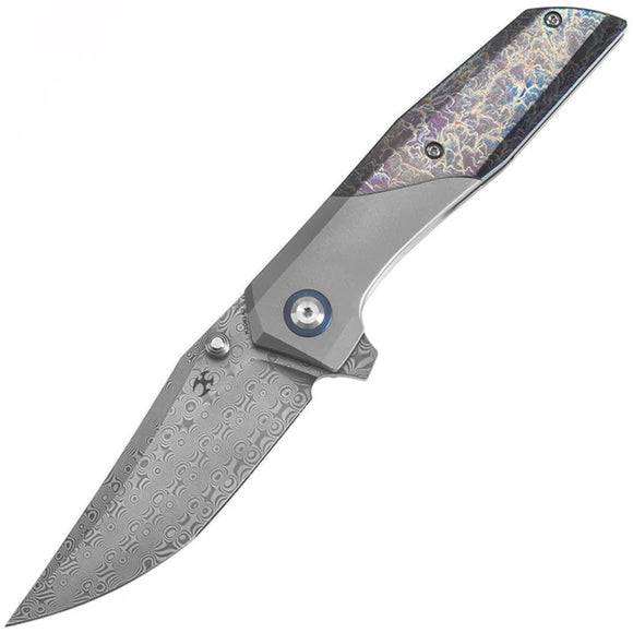 Kansept Knives Deadite Framelock Gray & Lightning Strike Titanium Folding Damascus Knife 1081A2