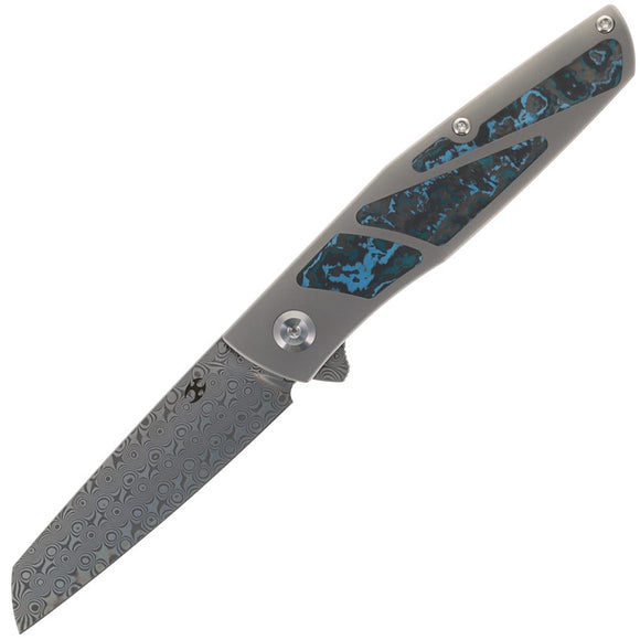 Kansept Knives Cru Framelock Titanium & Arctic Storm Carbon Fiber Folding Damascus Knife 1092A3