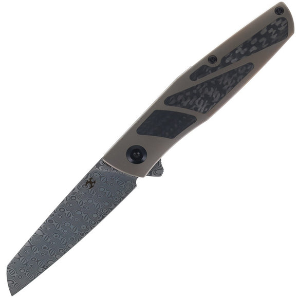 Kansept Knives Cru Framelock Bronze Titanium & Carbon Fiber Folding Damascus Knife 1092A4