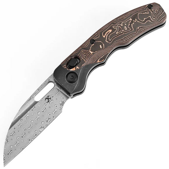 Kansept Knives Vivid Crossbar Lock Titanium & Copper Carbon Fiber Folding Damascus Knife 1094V2