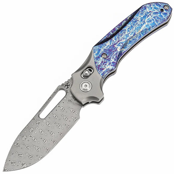 Kansept Knives Quasar Crossbar Lock Titanium & Lightning Strike Folding Damascus Knife 1099V3