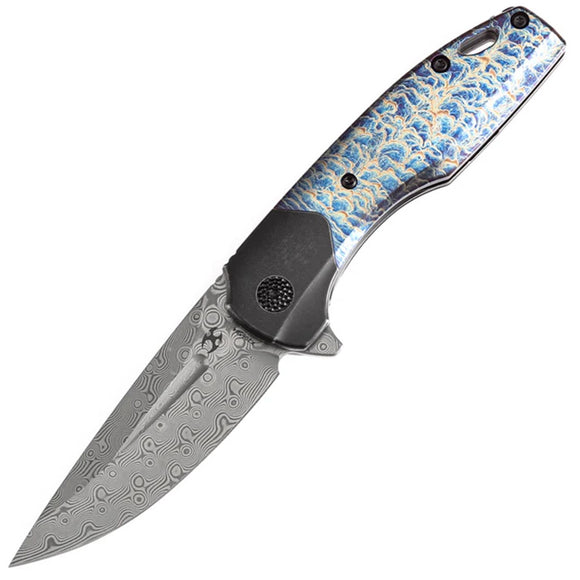 Kansept Knives Cassowary Framelock Lightning Strike Titanium Folding Damascus Knife 2065B4