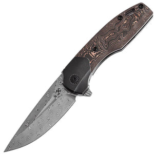 Kansept Knives Cassowary Framelock Copper Carbon Fiber Folding Damascus Knife 2065B5