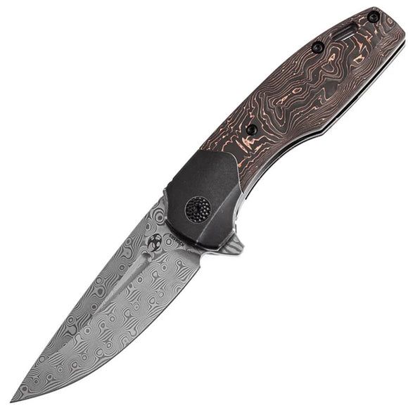 Kansept Knives Cassowary Framelock Copper Carbon Fiber Folding Damascus Knife 2065B5