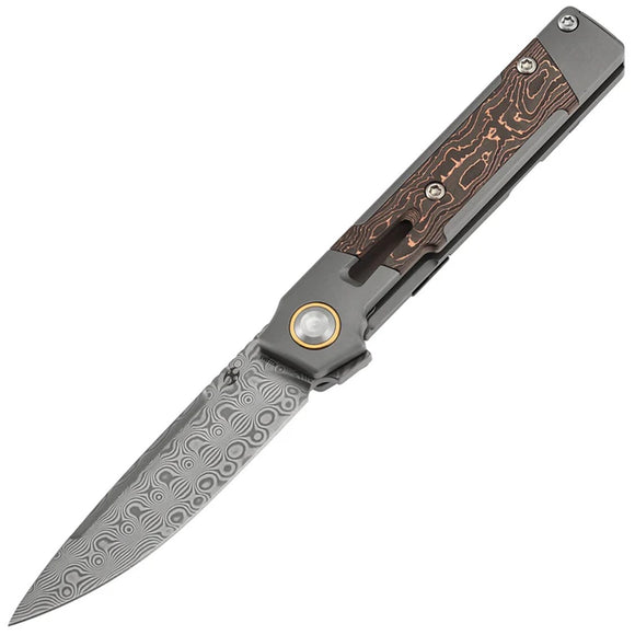 Kansept Knives Kitpu Framelock Titanium & Copper Foil Carbon Fiber Folding Damascus Knife 2123A5