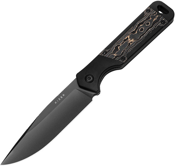 Kizer Cutlery Militaw Black Aluminum & Gold Carbon Fiber S35VN Fixed Blade Knife 1067A1