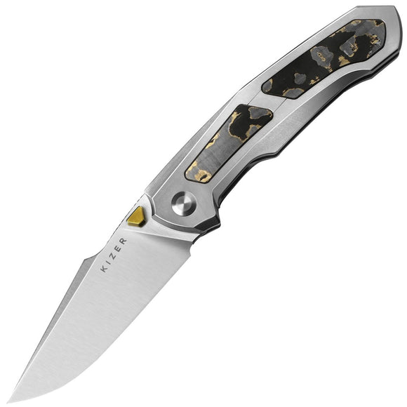 Kizer Cutlery Feweed Framelock Titanium & Gold Camo Carbon Fiber Folding Z-Wear PM Knife 3694A4