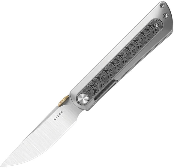 Kizer Cutlery Quoll Framelock Gray Titanium & Damascus Folding S45VN Knife 3733A1