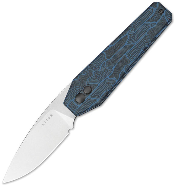 Kizer Cutlery Tomb Button Lock Black & Blue G10 Folding Nitro-V Pocket Knife V3692A3