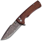 Klaken Knives Breakline Button Lock Brown Wood Folding Copper Damascus Pocket Knife NJ394CP