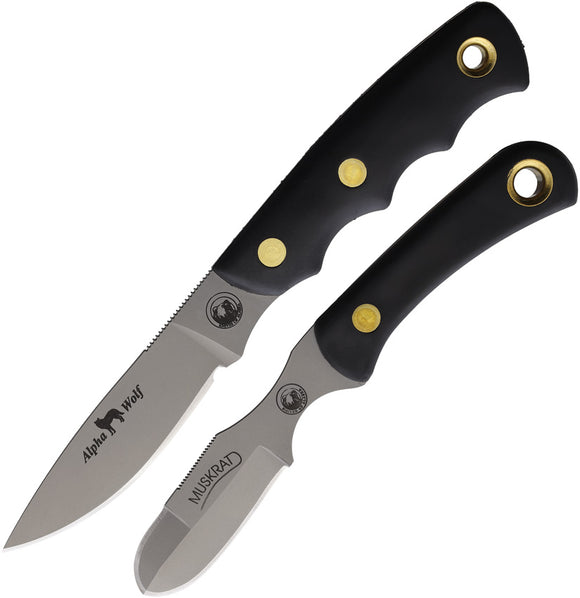 Knives Of Alaska Alpha Wolfe & Muskrat Combo Black SureGrip D2 Steel Fixed Blade Knife 2pc Set 00362FG