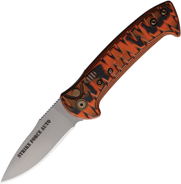 Knives Of Alaska Automatic Strike Force Knife Button Lock Orange & Black G10 D2 Steel Blade 00912FG