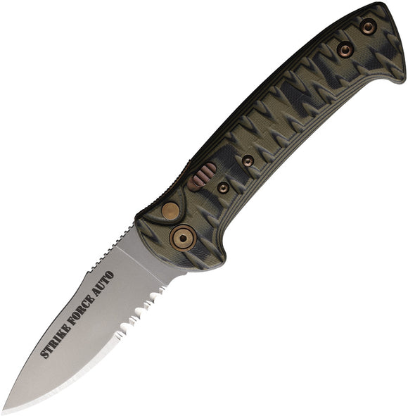 Knives Of Alaska Automatic Strike Force Knife Button Lock OD Green & Black G10 D2 Steel Serrated Blade 00915FG
