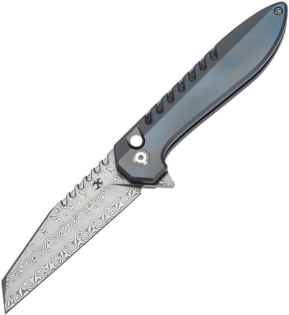 Kansept Knives Kosame Button Lock Blue Titanium & Carbon Fiber Folding Damascus Knife T1093F1