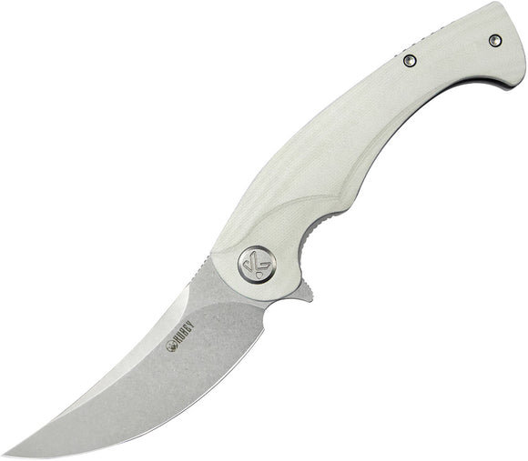 Kubey Scimitar Linerlock White G10 Folding 14C28N Trailing Pt Pocket Knife 173I