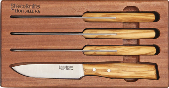 Lion Steel Four Piece Steak Knife Set Olive Wood W/ Cedar Storage Block 9001SUL